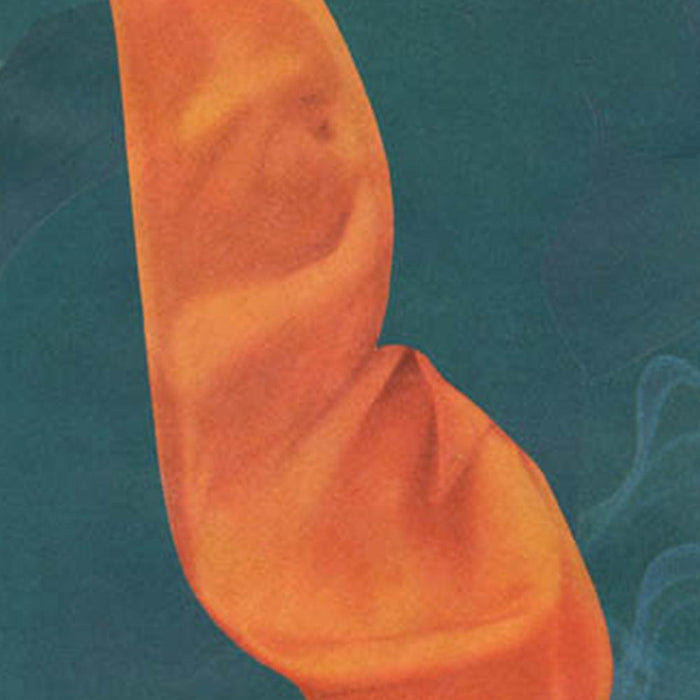 Close-up of abstract print Color Play 92 showing an orange cloth with subtle folds over a dark teal background