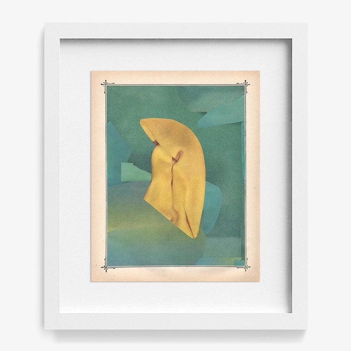 Abstract print Color Play 94 in a white frame A yellow-orange abstract shape against a teal and green background