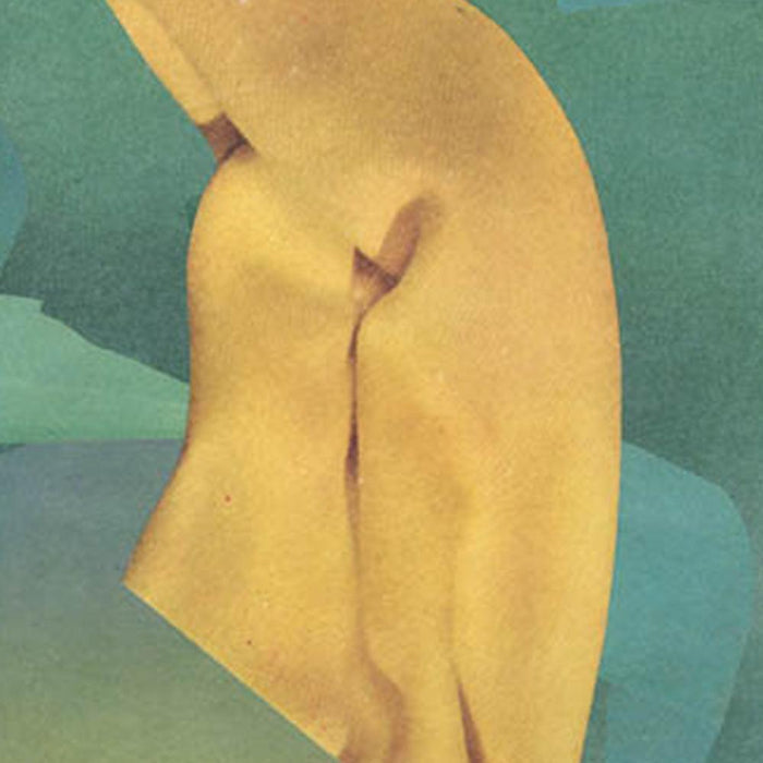 Close-up of print Color Play 94 a yellow draped fabric shape against a blue-green background