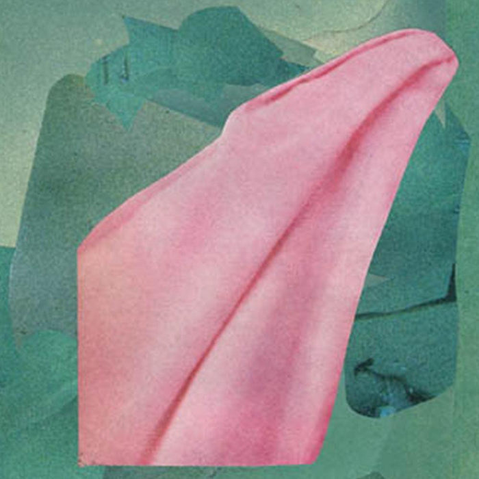 Close-up of an abstract print with a light pink form on a blue-green background