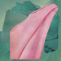 Close-up of an abstract print with a light pink form on a blue-green background