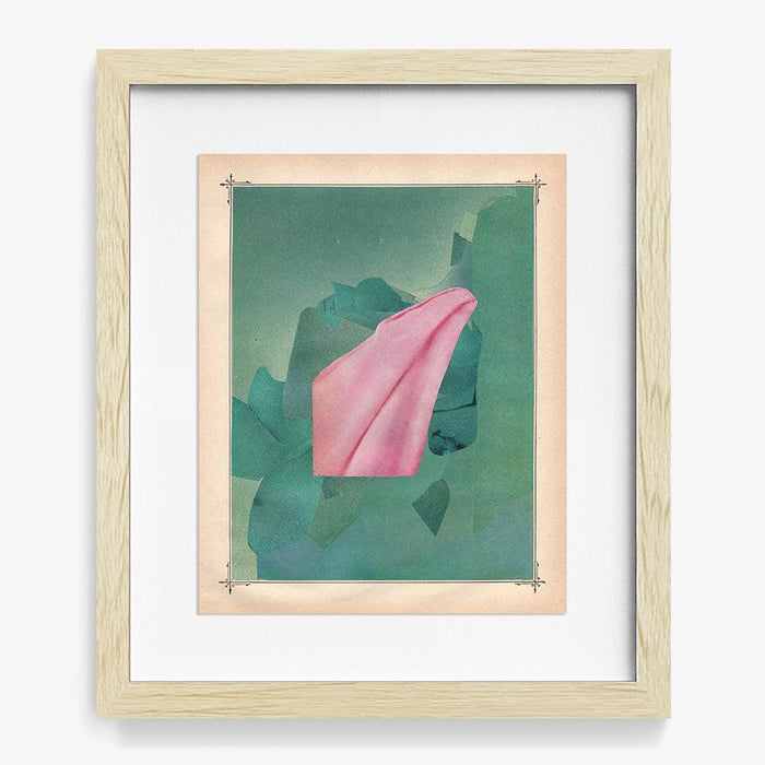 Abstract print of a light pink form on a blue-green background in a light wood frame