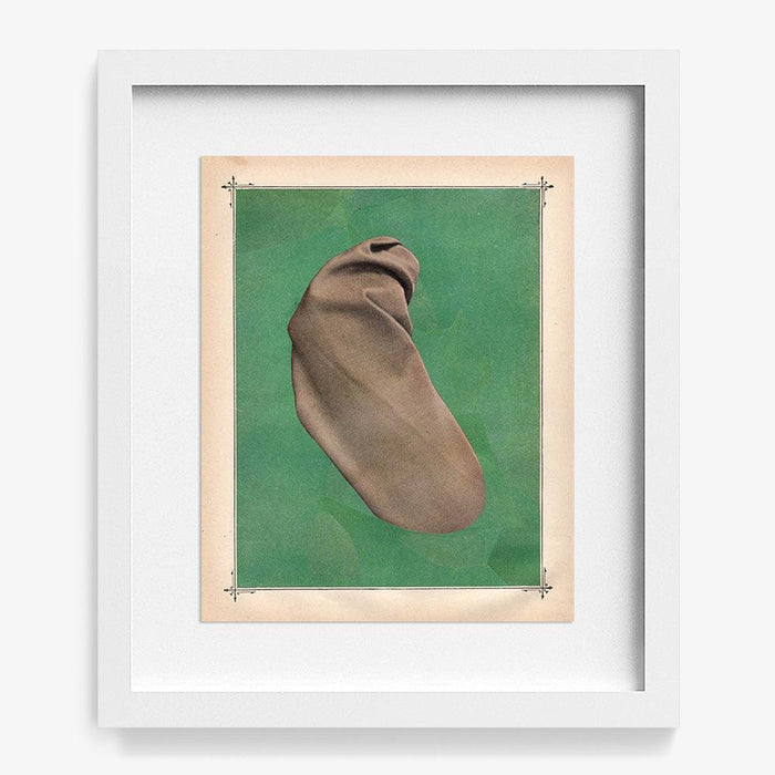 Michael DeSutters print Color Play 98 in a white frame depicting a brown draped object on a green background