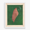 Abstract print in a white frame with a reddish-brown organic shape on a deep green background and subtle white accents