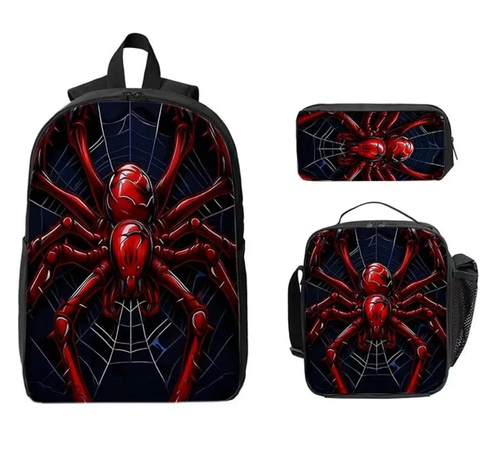 Complete 3-piece bag set, 1 Backpack and 2 Small Bags Featuring a Red Spider Against a Dark Web Design. One Products