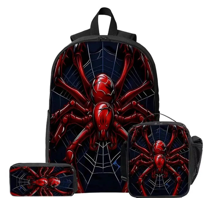 Complete 3-piece bag set, 1 Backpack and 2 Small Bags Featuring a Red Spider Against a Dark Web Design. One Products