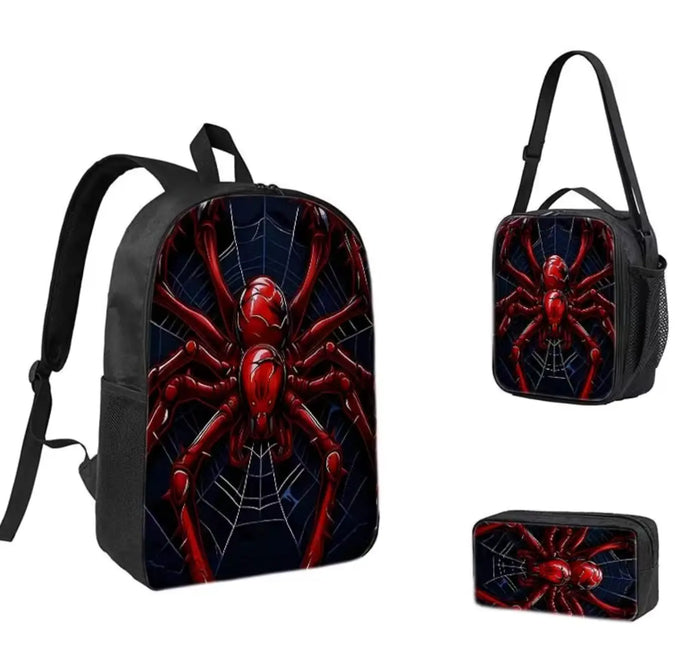 Complete 3-piece bag set, 1 Backpack and 2 Small Bags Featuring a Red Spider Against a Dark Web Design. One Products