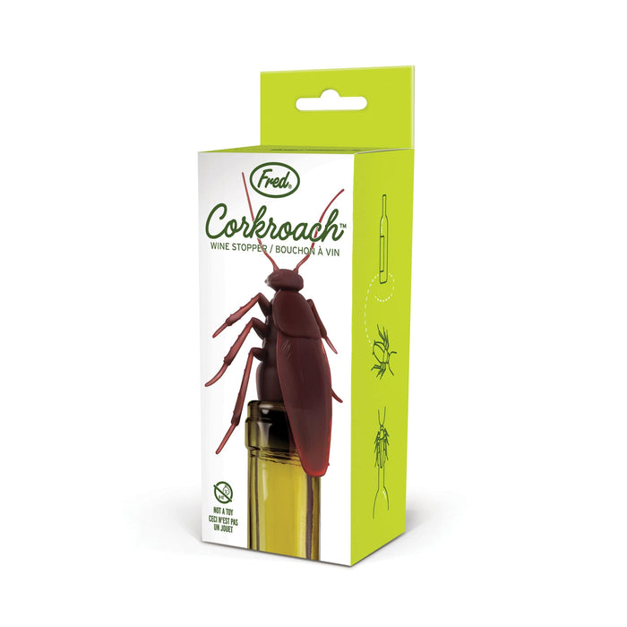 Corkroach wine stopper packaging with a cockroach illustration on a white background