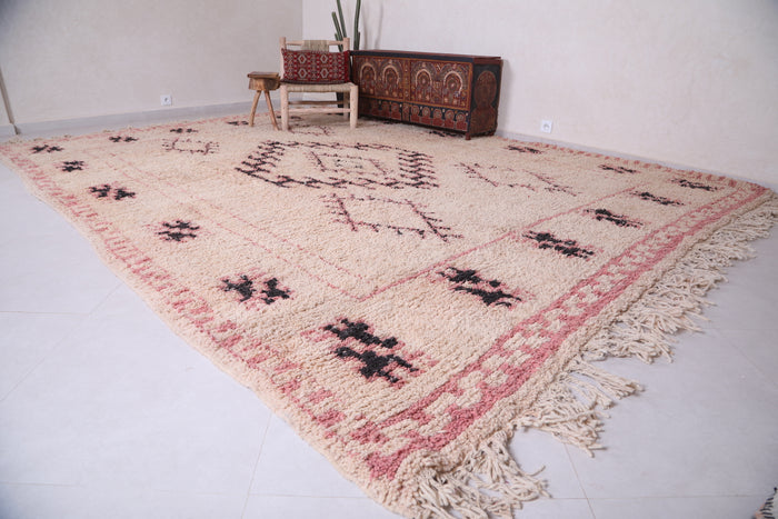 Custom vintage Moroccan rug with black berber motifs and pink borders - custom moroccan rugs
