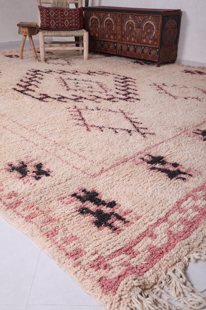 Custom vintage Moroccan rug with black berber motifs and pink borders - custom moroccan rugs