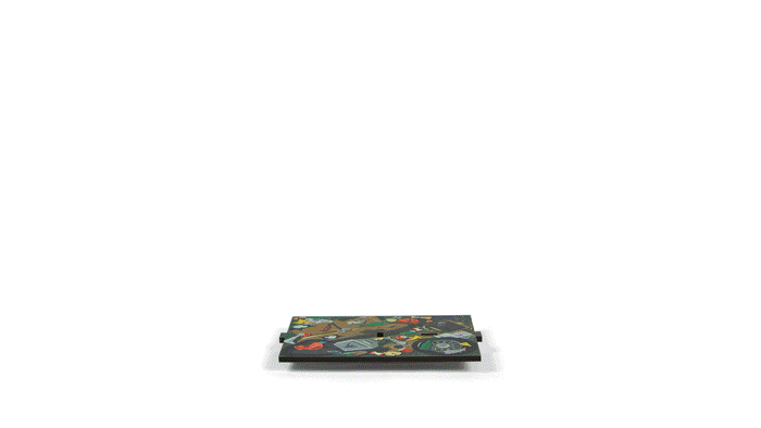 Animated Desk Dumpster showing fiery note cards and compartments for pens — humorous desktop organizer for office gifting.