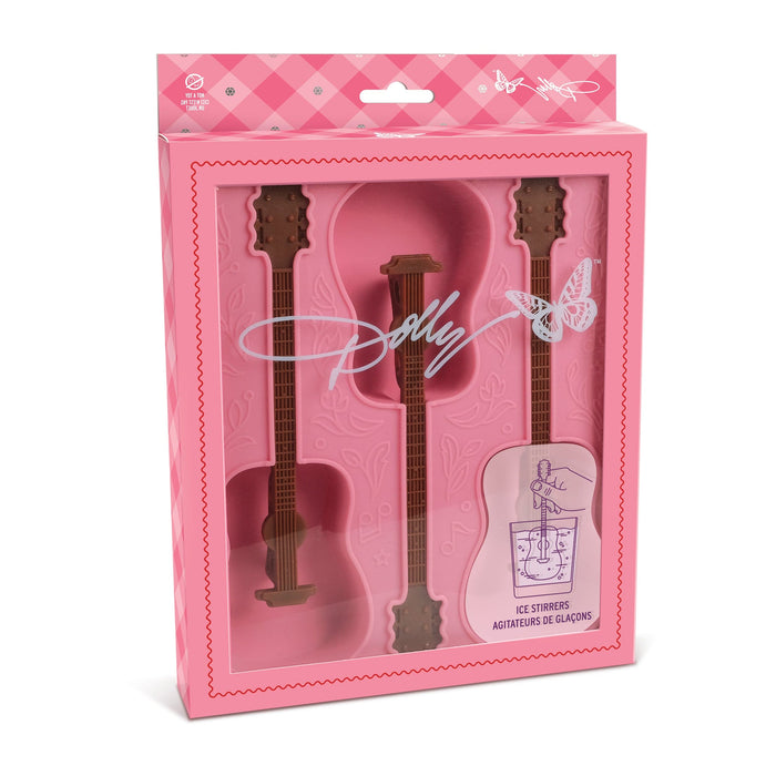 Silicone ice mold shaped like Dolly Parton's guitar, creates 3 ice stirrers.