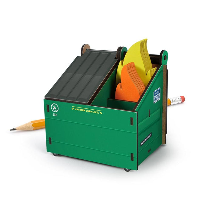 Desk Dumpster ‘dumpster fire’ pencil holder with flame note cards — funny desk accessory and great coworker or white elephant gift.