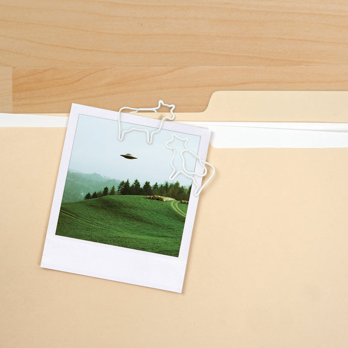 FILING SAUCER displayed on desk with abducted cow clips — fun office decoration and Secret Santa gift idea