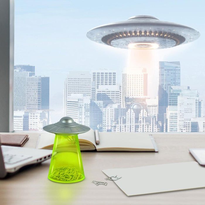 Silver UFO cap lifting cow-shaped paperclips magnetically — novelty paperclip dispenser gift