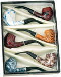 A top-down view showcases the six Fujima Tobacco Pipes neatly arranged inside their packaging, displaying a variety of colored finishes.