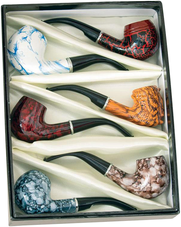 A top-down view showcases the six Fujima Tobacco Pipes neatly arranged inside their packaging, displaying a variety of colored finishes.