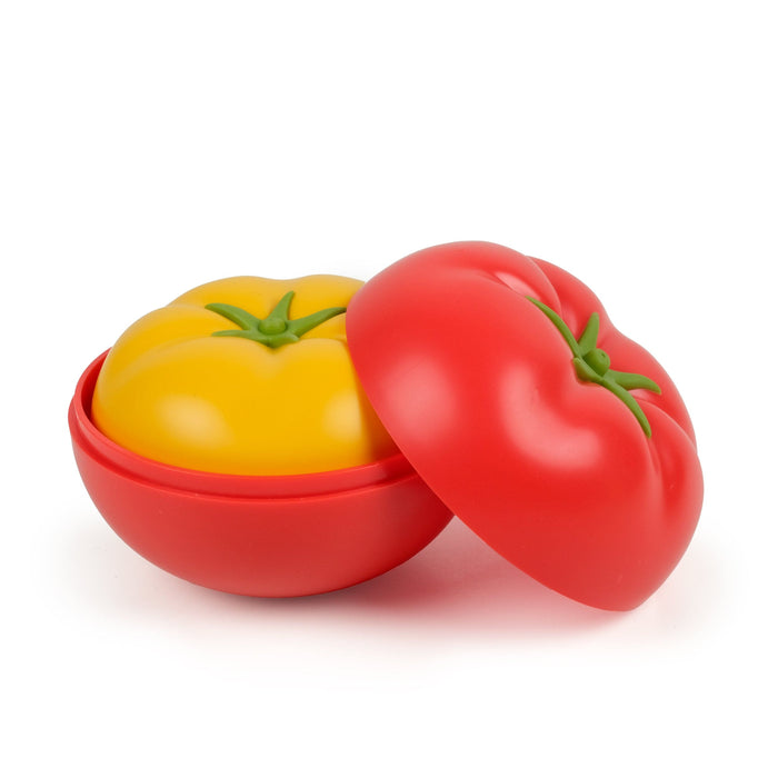 Red and yellow tomato-shaped containers on a white background
