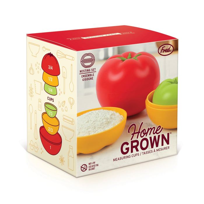 Box of 'Home Grown' measuring cups with tomato and bowl design on a white background