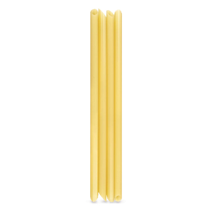 A set of 4 silicone drinking straws that look like pieces of penne pasta