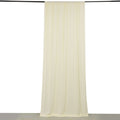 Cream sheer curtain hanging on a rod against a white background.