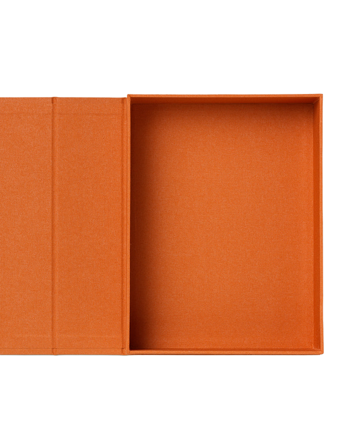 An open rectangular box in a warm orange-brown color, shown against a plain white background.