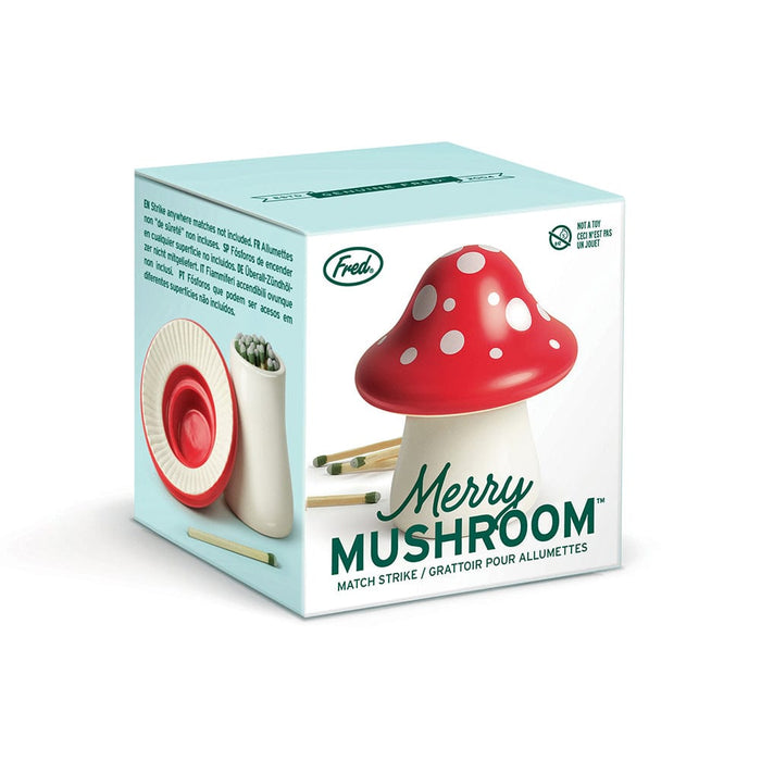 Fred's Merry Mushroom Match Strike in gift box packaging with light blue accents.