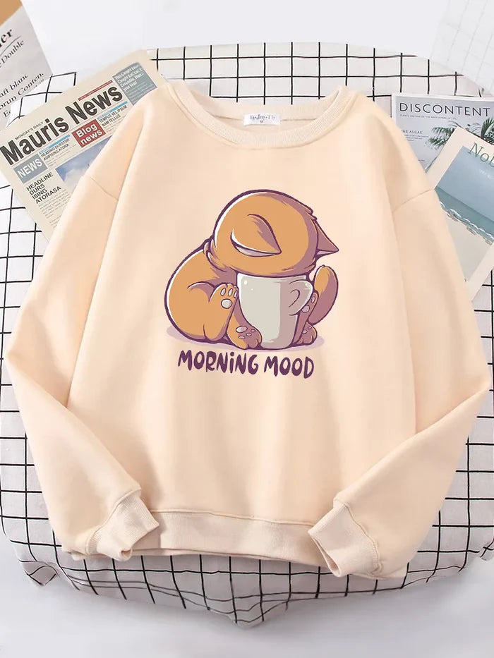 Morning Mood Cat Is Looking At The Cup Lovely Sweatshirt Female Oversize - myfunfarm