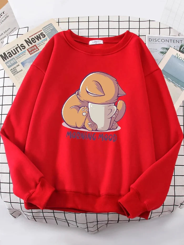 Morning Mood Cat Is Looking At The Cup Lovely Sweatshirt Female Oversize - myfunfarm