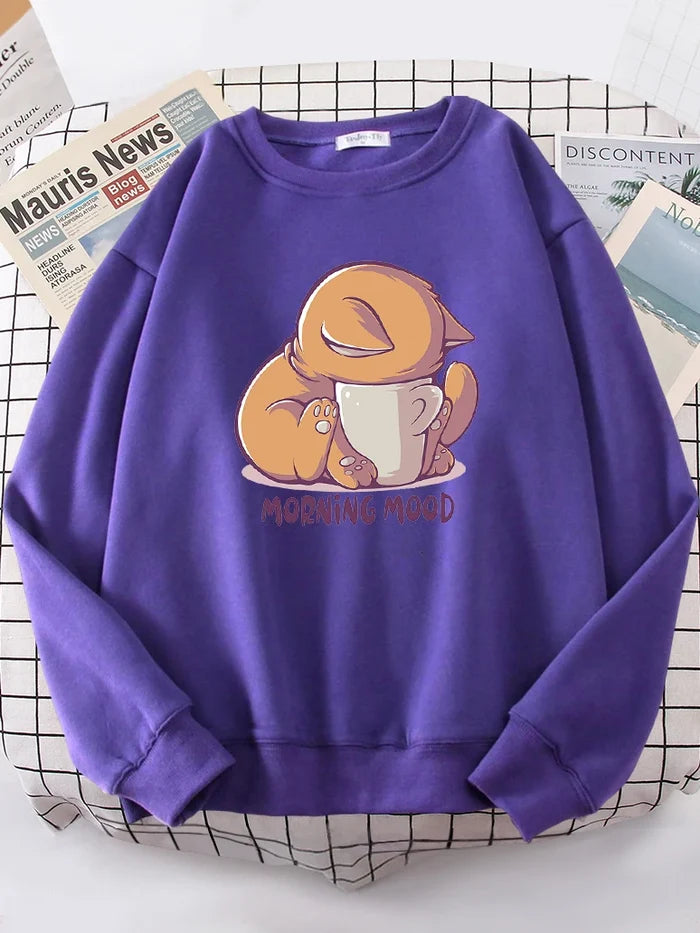 Morning Mood Cat Is Looking At The Cup Lovely Sweatshirt Female Oversize - myfunfarm