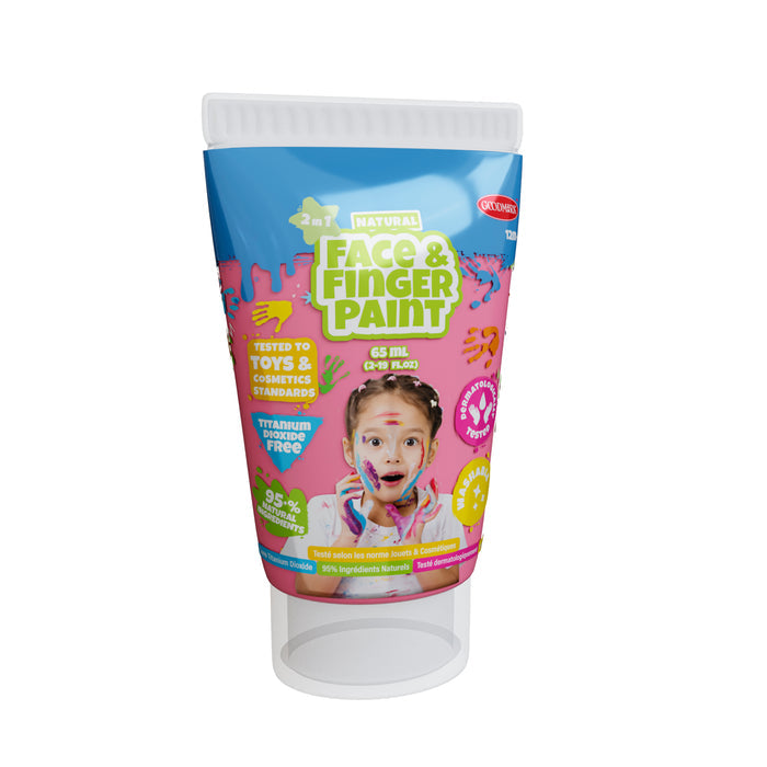 Boti 2.3oz Natural Face & Finger Paint 2-Pack Asst.—a safe, toxin-free, 2-in-1 paint for kids. Tested to toy and cosmetic standards; packaging features a smiling child with painted cheeks. Ideal for creative art projects.