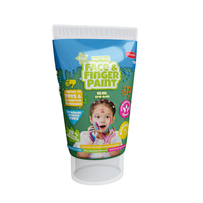 A 2.3oz Boti Natural Face & Finger Paint 2-Pack Asst. with a blue label showing a child with painted face and hands; this safe, non-toxic set is ideal for art projects, toys, and cosmetics.