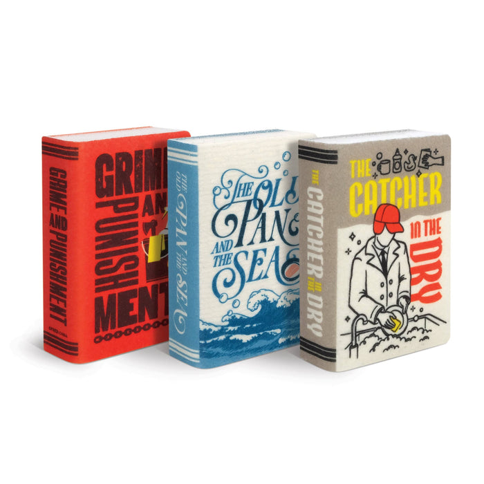 Three kitchen sponges that parody book covers of 'Grime and Punishment', 'The Old Pan and the Sea', and 'The Catcher in the Dry' on a white background.