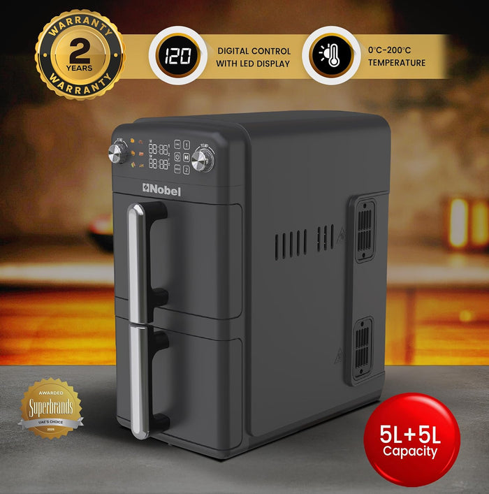 Nobel 10L 2200W Dual Drawer Digital Air Fryer with LED Display, Sync & Match Functions – NAF1201