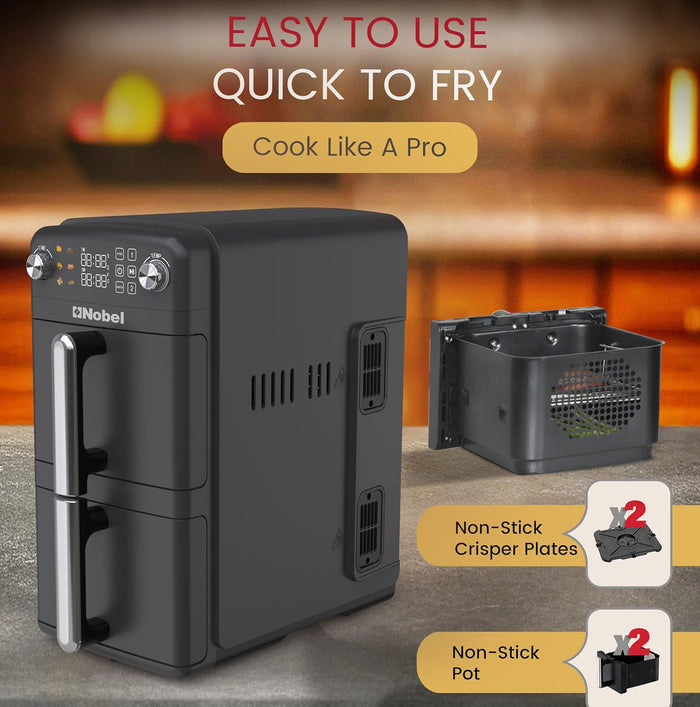 Nobel 10L 2200W Dual Drawer Digital Air Fryer with LED Display, Sync & Match Functions – NAF1201