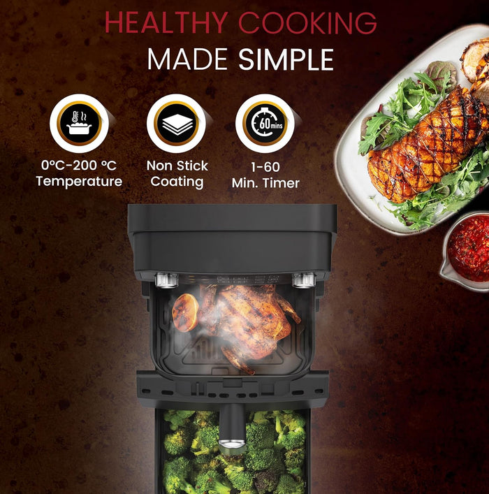 Nobel 10L 2200W Dual Drawer Digital Air Fryer with LED Display, Sync & Match Functions – NAF1201