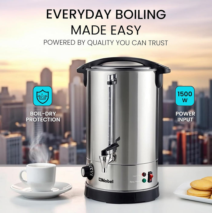 Nobel 10L Water Boiler – Stainless Steel Double Wall, Safety Lock Lid, Non-Drip Faucet, Keep Warm Function - NWB1000
