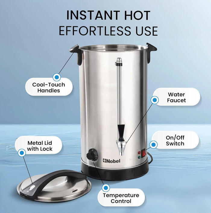 Nobel 10L Water Boiler – Stainless Steel Double Wall, Safety Lock Lid, Non-Drip Faucet, Keep Warm Function - NWB1000