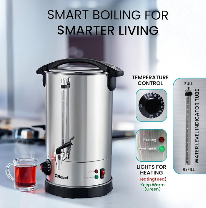 Nobel 10L Water Boiler – Stainless Steel Double Wall, Safety Lock Lid, Non-Drip Faucet, Keep Warm Function - NWB1000