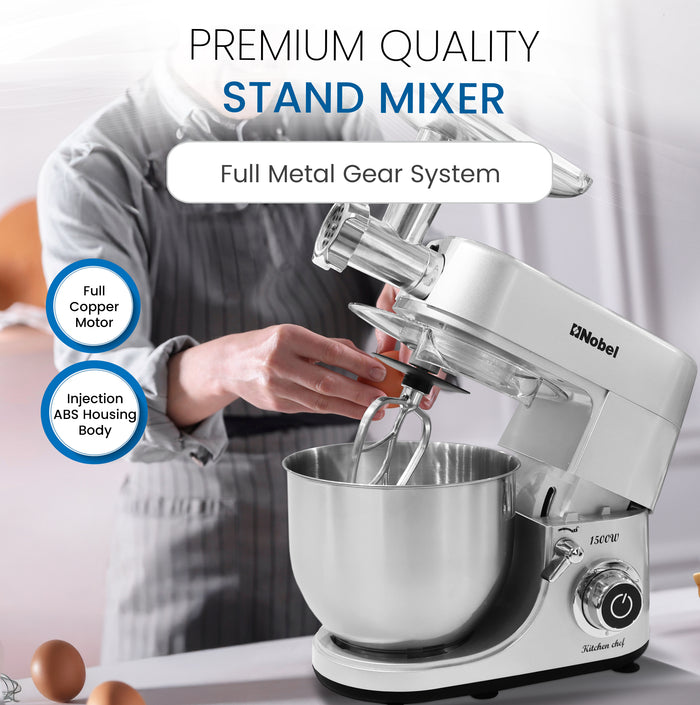 Nobel 3 in 1 Food Processor Multifunctional Stand Mixer with 7.0 L Stainless Steel Bowl & 1.5L Juicer Blender with 6 Speeds For A Variety Of Mixing Tasks NBM100S Silver
