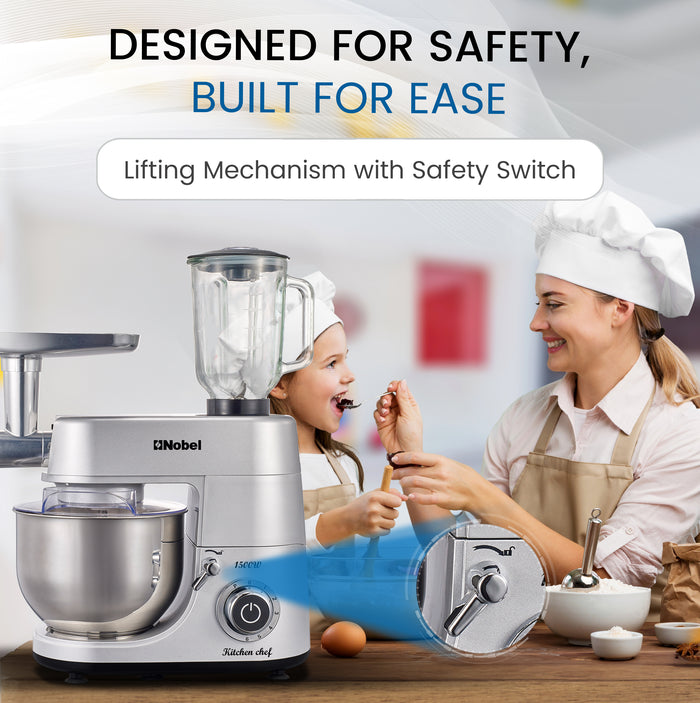 Nobel 3 in 1 Food Processor Multifunctional Stand Mixer with 7.0 L Stainless Steel Bowl & 1.5L Juicer Blender with 6 Speeds For A Variety Of Mixing Tasks NBM100S Silver