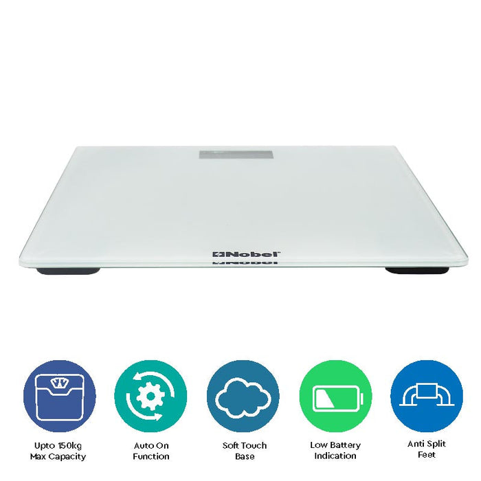NOBEL Bathroom Scale White Tempered Glass Digital Anti Slip Feet NBS52WH