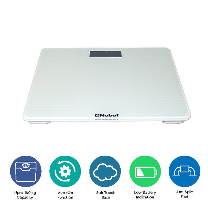 NOBEL Bathroom Scale White Tempered Glass Digital Anti Slip Feet NBS60WH