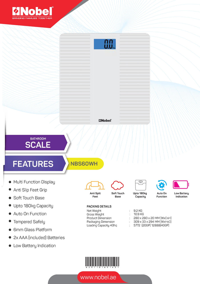 NOBEL Bathroom Scale White Tempered Glass Digital Anti Slip Feet NBS60WH