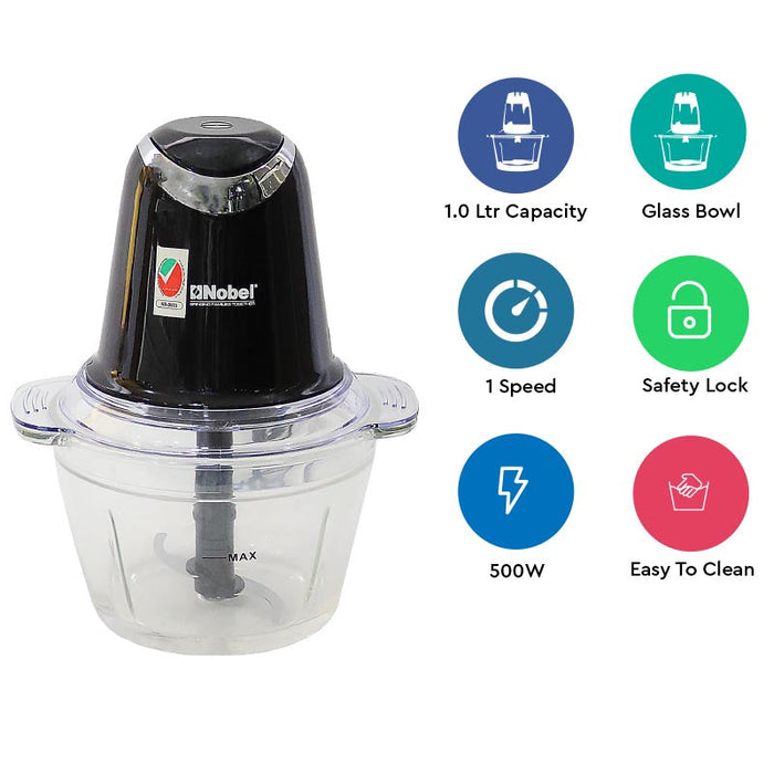 NOBEL Chopper 1 Litre Glass Bowl Plastic Body NCFP363