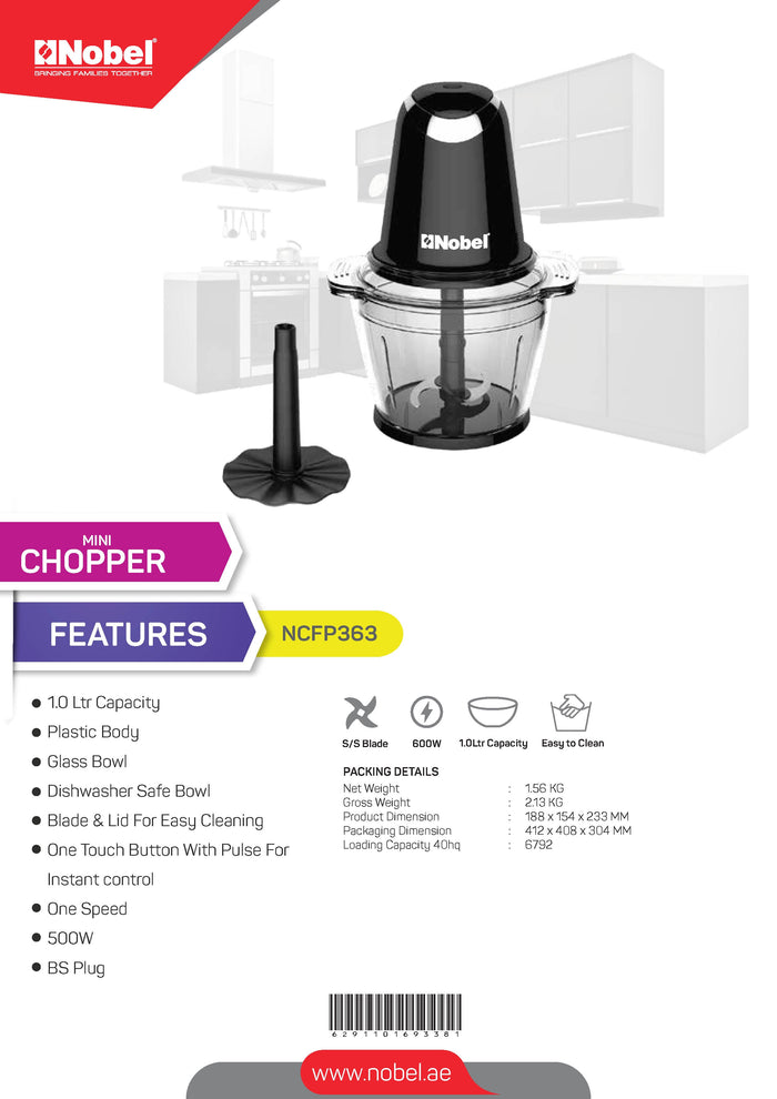 NOBEL Chopper 1 Litre Glass Bowl Plastic Body NCFP363