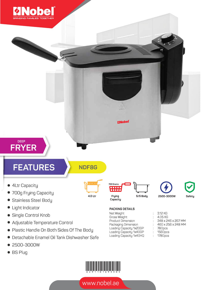 Nobel Deep Fryer 3000W 8 Ltrs Stainless Steel NDF8G