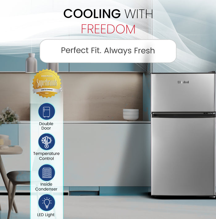 Nobel Double Door Refrigerator 125L Gross / 73L Net Compact Fridge with Vegetable Crisper, LED Light – NR125E