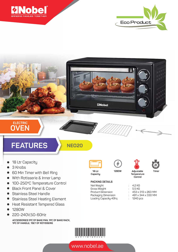 Nobel Electric Oven Black 18 Ltrs 1280W Stainless Steel Heating NEO20