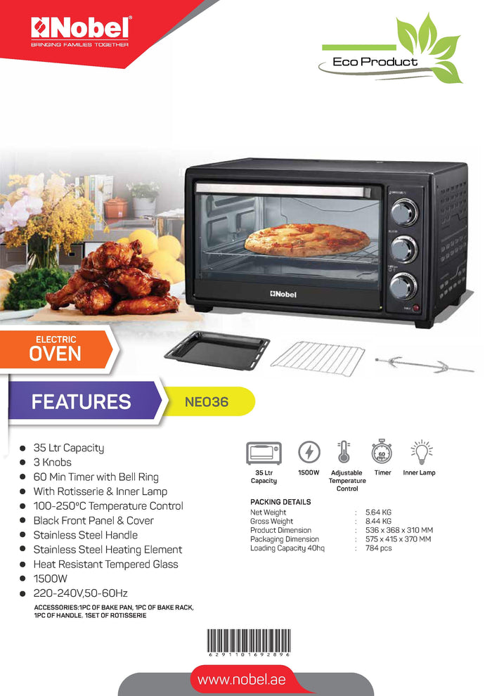 Nobel Electric Oven Black 35 Litres 1500W  NEO36